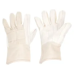 Uncoated knit gloves made of cotton in beige color. Rated for continuous use up to 275°F. Suitable for light assembly, material handling, and general tasks requiring heat resistance and dexterity. Sold as 1 pair.