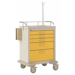 Steel medical procedure cart with five drawers, taupe cabinet, and yellow drawer fronts. Caster configuration includes two swivel and two swivel with brake casters. Designed for organizing and transporting medical supplies, instruments, and medications in healthcare settings.