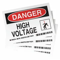 These adhesive-mounted danger high voltage signs are made of polyester with a thickness of 0.01 in. Each sign measures 3 1/2 in x 5 in and is supplied in a pack of 5. They are not retroreflective, not glow-in-the-dark, and have no anti-slip surface, suitable for indoor warning applications near electrical hazards.