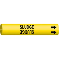 Snap-on pipe marker for identifying sludge in piping systems. Yellow background with black legend text. Fits pipe outer diameters of 4 to 6 inches. Includes directional arrows to indicate flow direction.