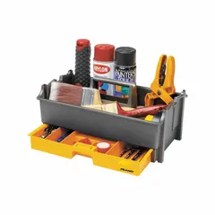 This plastic tool tote from PLANO MOLDING measures 15 inches wide by 9 1/4 inches deep by 7 inches high. It is designed for carrying and organizing hand tools and small parts in workshops, job sites, and maintenance environments.