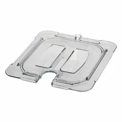 Rectangular lid for sixth-size steam table pans, NSF Certified and dishwasher safe. Overall length 6 7/8 in. Used in commercial foodservice to cover pans, retain heat, and prevent contamination.