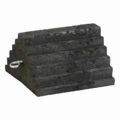 Rubber wheel chock rated for vehicles up to 10,000 lb and wheels up to 55 in diameter. Overall length of 8 in. Used to prevent rolling during loading, unloading, or maintenance in industrial, construction, and fleet settings.