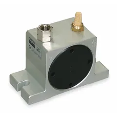 Pneumatic vibrator with aluminum housing for continuous duty. Delivers 1,157 lbf at 87 psi and operates at 23,000 vpm maximum. Sound level 66 dBA. Port size 1/4 in NPT. Used for moving bulk materials in hoppers, chutes, and conveyors.