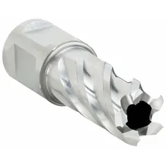 This high-speed steel annular cutter has a 25 mm diameter and a 1 in maximum cutting depth. It features a bright finish and a Weldon Flat shank for use with magnetic drilling machines. Suitable for producing clean holes in metal for structural steel, fabrication, and maintenance work.