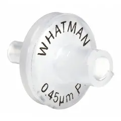 Non-sterile syringe filter with 0.45 µm PTFE membrane and polypropylene housing. Features a female Luer Lock inlet and male Luer Slip outlet, with a maximum capacity of 10 mL. Used for sample filtration in analytical and general laboratory applications to remove particulates from solvents and aqueous solutions.