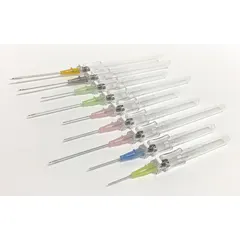 Safety IV catheter with 24 gauge stainless steel needle and PTFE catheter. Overall length 4 3/4 inches. Yellow color for gauge identification. Used for peripheral intravenous access in clinical settings.