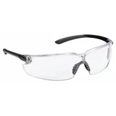 Frameless safety glasses with a dielectric black frame and clear, anti-fog/scratch-resistant lenses. Padded comfort-fit design for extended wear. Suitable for impact, dust, and debris protection in industrial environments such as machining, material handling, and electrical work near live circuits.