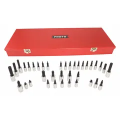 This 37-piece socket set includes 6-point sockets in both SAE (1/16 in to 5/16 in) and metric sizes with a 3/8 in drive. Suitable for tightening and loosening hex fasteners in maintenance and repair tasks. The set does not include socket bits and is not tether capable.