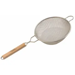 This wire mesh strainer features a medium double mesh stainless steel screen and a 12 3/4 in overall length. The wood handle provides a comfortable grip. Suitable for straining and sifting in food service and light industrial settings.