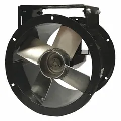 Unassembled belt-drive fan for clean air ventilation. Features a 12 in blade, capacitor-start motor with totally enclosed fan-cooled enclosure, and includes drive package. Delivers 2,432 cfm at 0.000 in SP on 115/230V AC single-phase power. Designed for horizontal mounting with Spark Resistant Construction Type B. Suitable for general air movement in ducted or non-ducted systems.