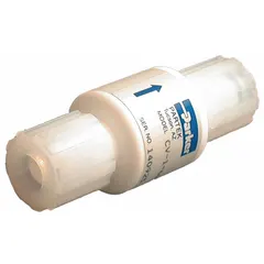This PTFE poppet check valve features 1/4 in flare x flare male connections. Designed for corrosive and general purpose media, it prevents backflow in fluid systems. Typical applications include chemical processing, water treatment, and industrial instrumentation.
