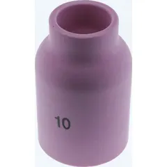 This large-diameter gas lens nozzle is made of alumina, offering high thermal resistance and electrical insulation for consistent TIG welding performance. It is a No. 10 standard model, sold in a pack of 10. Used to improve gas coverage and shield the weld puddle from contamination in critical welding applications.