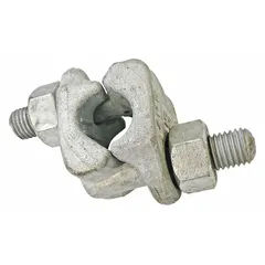 Steel double-saddle clip for forming eyes or loops at the end of wire rope. Compatible with 1 1/4 in rope diameter, with a 55 in rope turnback length. Used in lifting, rigging, and towing applications.