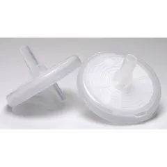 Non-sterile syringe filter with 0.45 µm PVDF membrane and polypropylene housing. Maximum capacity 10 mL. Female Luer Lock inlet connects to syringe; male Luer Slip outlet for sample collection. Used for particulate removal in HPLC sample preparation, solvent filtration, and general analytical filtration.