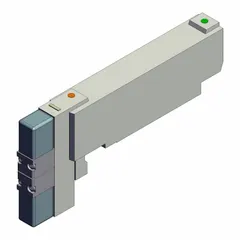 Five-way, two-position directional control valve with double solenoid pilot control. Maximum flow rate of 27.43 scfm. Plug-in, non-locking design with rubber seals. Used to direct airflow in pneumatic actuators and cylinders in automated systems.