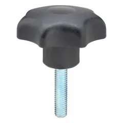 This 7-arm knob with threaded stud is designed for hand-operated adjustment and clamping on industrial machinery, jigs, and fixtures. The multi-point grip allows secure manual tightening in various positions. Constructed with a plastic body and steel thread insert, it features a 63 mm diameter, 3/8"-16 thread size, and 40 mm thread length.