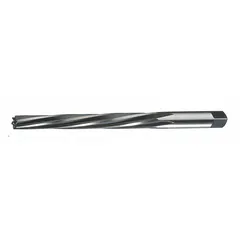 Helical-flute taper pin reamer for #3/0 pins, with a diameter range of 0.1029 in to 0.1302 in. Used to precisely finish tapered holes in metal assemblies for a secure fit of taper pins.