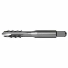 High-speed steel spiral-point tap with H2 / 2B tolerance, plug chamfer, and 2-flute design. Used for threading blind or through holes in production machining, pushing chips forward to prevent clogging. Suitable for ferrous and non-ferrous materials.
