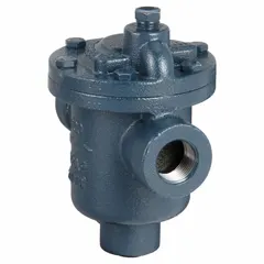 Cast iron inverted-bucket steam trap with 3/4 in FNPT connections, rated for 600 lb/hr maximum capacity and 150 psi maximum pressure. In-line configuration for horizontal installation. Used to discharge condensate from steam lines while preventing steam loss in industrial steam systems. Strainer not included.