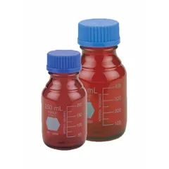 This 10 L glass media bottle features an amber body that protects light-sensitive contents. It has a narrow mouth with a screw-on closure included, meeting ASTM/USP standards. Suitable for storing and dispensing laboratory media, buffers, and reagents.