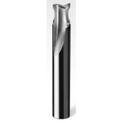 Solid carbide straight V-flute router bit with two flutes, 3/8" cutting diameter, and 3/8" length of cut. Designed for high-speed routing of plastics such as acrylic and polycarbonate, providing clean chip evacuation and smooth finishes. Suitable for CNC and manual routing applications.