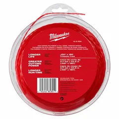 Nylon trimmer line with twisted profile for cutting grass and weeds. 0.105-inch diameter, 180-foot length. Red color. Universal compatibility with string trimmers.