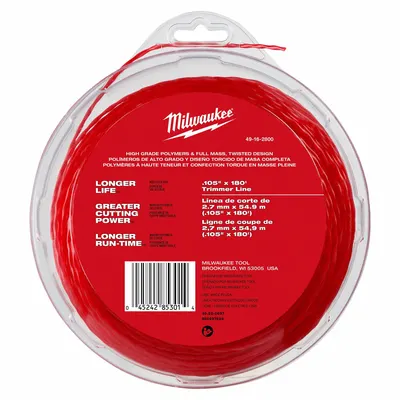 MILWAUKEE String Trimmer Line: Nylon, 0.105 in Dia, 180 ft Overall Lg, Twisted, Red