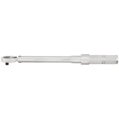 Ratcheting micrometer torque wrench with 1/2-inch square drive, adjustable from 16 to 80 ft-lb. Tether capable for drop prevention. Used for precise tightening of threaded fasteners in assembly, maintenance, and repair tasks.