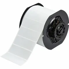 This precut label roll measures 1 in x 3 in with a 1 in core, made of metalized polyester that is halogen-free and metal detectable. It is compatible with the BBP33 printer series and is used for industrial labeling and identification in environments requiring contamination control, such as manufacturing, food processing, and electronics.