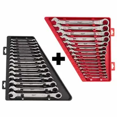 This 30-piece set includes SAE and metric 12-point ratcheting combination wrenches made of alloy steel with a chrome finish. The reversing ratcheting box end allows fast fastener tightening and loosening without removing the wrench. Sizes range from 8 mm to 22 mm. Wrenches are organized in a tray for storage. Suitable for general mechanical assembly, automotive repair, and industrial maintenance.