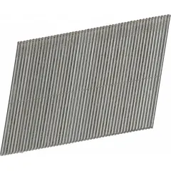 Collated finish nails, 1-3/4" length, 16 gauge, 20-degree collation angle, galvanized finish, chisel point. Used for trim, finishing, and brad nailing applications where a reduced risk of splitting in hardwoods is desired.