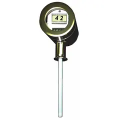 This LUMENITE sanitary capacitive level transmitter uses a 304 stainless steel rod probe and a 1 1/2 in Tri-Clamp connection for installation in tanks and vessels. It provides continuous level measurement with accuracy better than 0.1% and a 2-wire output, meeting USDA hygienic standards for food, dairy, beverage, and pharmaceutical applications.