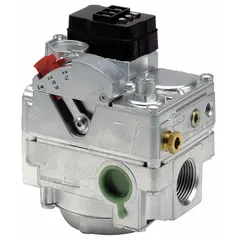 Universal ignition gas valve for direct spark, hot surface, or intermittent pilot systems. Dual-stage, straight-thru design rated at 150,000 BtuH. Suitable for commercial and industrial heating applications requiring two-stage gas flow control.