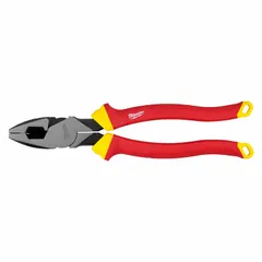 Flat jaw lineman's pliers with 1 5/8 in jaw length and 1 3/4 in jaw width. Overall length 10 in. Tether ready for fall protection. Insulated for electrical work where shock protection is required.
