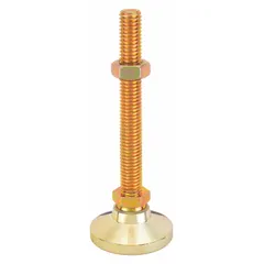 Swivel male leveling mount with 1"-8 thread size, 4 in type, and 20,000 lb load capacity. Round base shape, 1-3/8 in hex size, includes jam nut and mounting holes. Used for leveling and stabilizing heavy machinery and equipment in industrial settings.