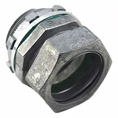 Zinc compression connector for joining electrical conduit in damp or outdoor locations. Rain-tight design provides moisture protection. Non-insulated type suitable for grounding continuity. Used in conduit systems requiring secure, weather-resistant connections.
