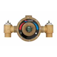This point-of-source thermostatic mixing valve blends hot and cold water to deliver a controlled outlet temperature. It features a 2-inch outlet connection and includes a wall support for secure installation. Suitable for industrial and commercial applications requiring consistent water temperature at the source.