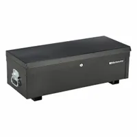 Steel tool box with black finish, hinged lid, and keyed lock for secure storage. Dimensions: 30 in width, 12 5/8 in depth, 8 7/8 in height. Suitable for organizing and protecting tools in workshops, garages, and industrial settings