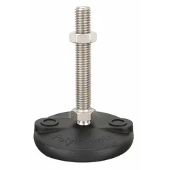 This vibration-damping male leveling mount features an M16 thread, 102 mm length, and 2725 kg load capacity. It includes a round rubber thrust pad, plain finish, 22 mm hex size, jam nut, and mounting holes for secure floor attachment. Used for leveling and stabilizing heavy machinery while reducing transmitted vibration.