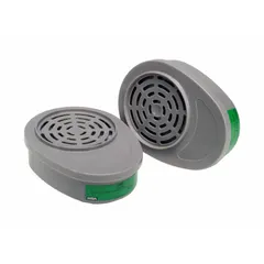 Green color-coded bayonet-style air-purifying respirator cartridge (2-pack) with NIOSH rating for Methylamine (MA). Compatible with MSA Advantage 200 LS, 420, 1000, 3000, and 4000 series reusable respirators. Used in industrial environments where ammonia and methylamine vapors are present.