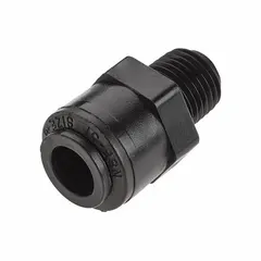 Inline poppet check valve with PVDF body and poppet, 3/8 in pipe size, Push x MNPT connections, female push type. NSF 51 certified for use in potable water and food-contact fluid systems where backflow prevention is required.