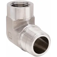 This 90° elbow connects 3/4 in male NPT to 1/2 in female NPT threads. Rated for 3,000 psi, it is used in high-pressure hydraulic and pneumatic systems for directional changes in piping.