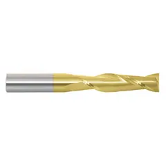 General purpose carbide square end mill with TiN coating and 2 flutes. Mill diameter 5/8", length of cut 2-1/4", overall length 5". Suitable for milling flat-bottomed slots, pockets, and contours in metals such as steel and cast iron.