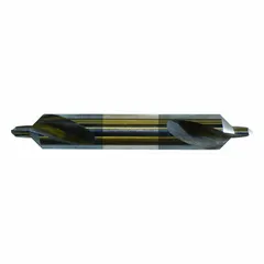 This plain-tip center drill is used to create precise conical starting holes in workpieces for lathe turning or grinding operations. The double-end design extends tool life, and the AlTiN coating on high-speed steel reduces friction and heat. It is a #3 size with a 90° included angle and 2-inch overall length.