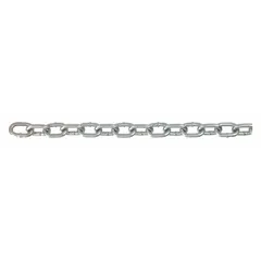 Carbon steel welded straight-link chain with 1 1/8 in link inside length. Rated for 925 lb working load limit. Used for securing tailgates on trucks and trailers in material handling and transportation applications.
