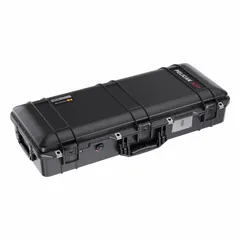This plastic long case with a black finish measures 12 1/8 x 32 x 6 1/2 inches and weighs 8.9 lb. It features a padlock closure for secure transport and storage of tools, instruments, or electronics in industrial settings.