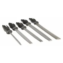 This 5-piece file set includes a 10 in half round, 10 in mill, 6 in slim taper, 8 in flat, and 8 in mill file. It comes with a handle and a storage pouch. Suitable for shaping, smoothing, and deburring metal and wood in maintenance and fabrication tasks.