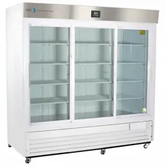 General purpose upright lab refrigerator with 69 cu ft capacity, white finish, and sliding glass door. Maintains temperature range of 1°C to 10°C using R-290 refrigerant. Includes temperature alarm. Overall depth 33 1/4 in. Suitable for cold storage of laboratory samples, reagents, and media.