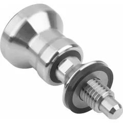 Nonlocking indexing plunger with hygienic pull-knob design, made from 316L stainless steel. Features M10x1 thread and nose force of 40 N to 45 N. Designed for use with USIT washers in positioning and locking applications on machinery such as indexing tables, jigs, and fixtures.